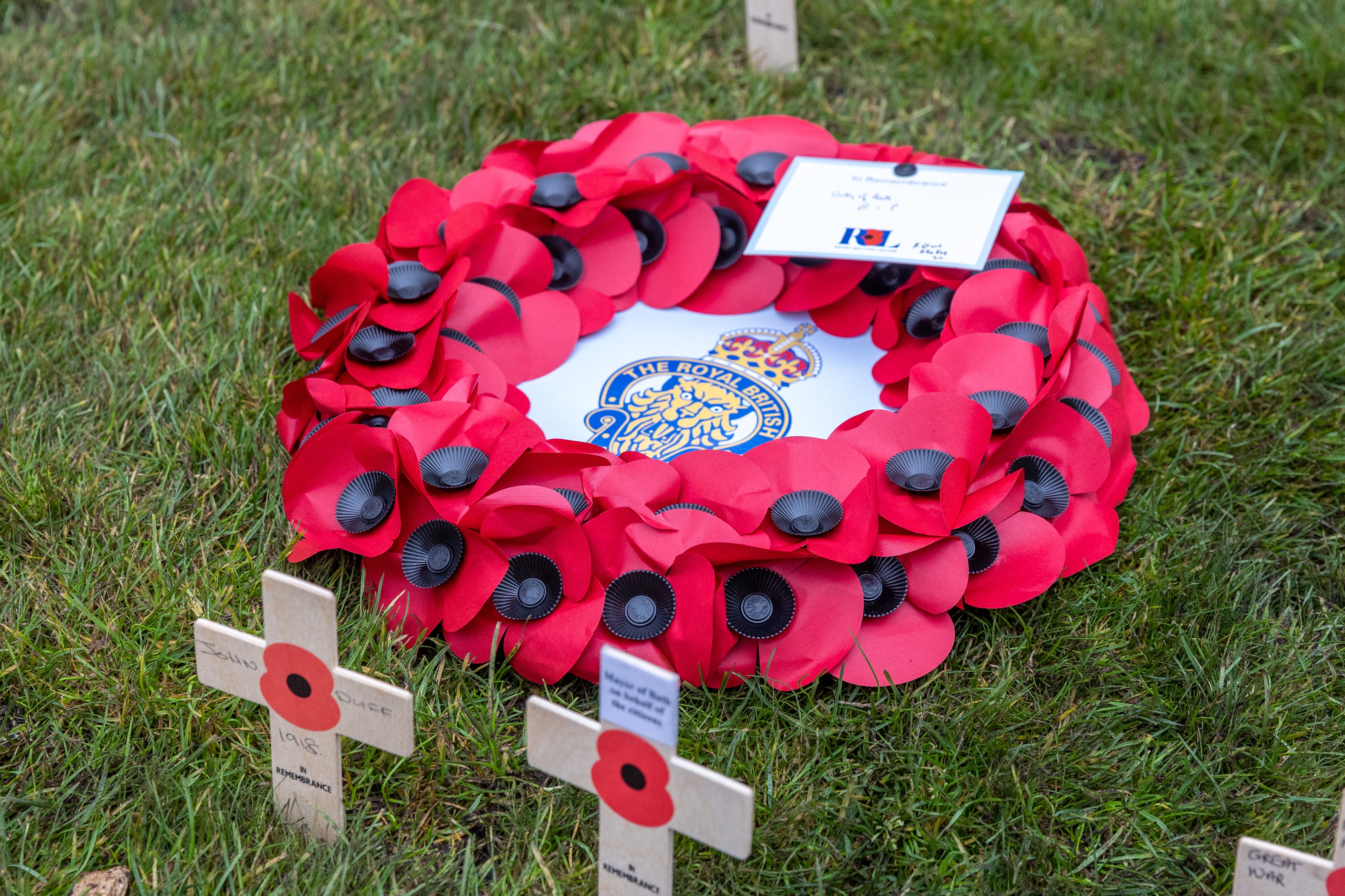 A wreath of red poppies laid on a field of remembrance